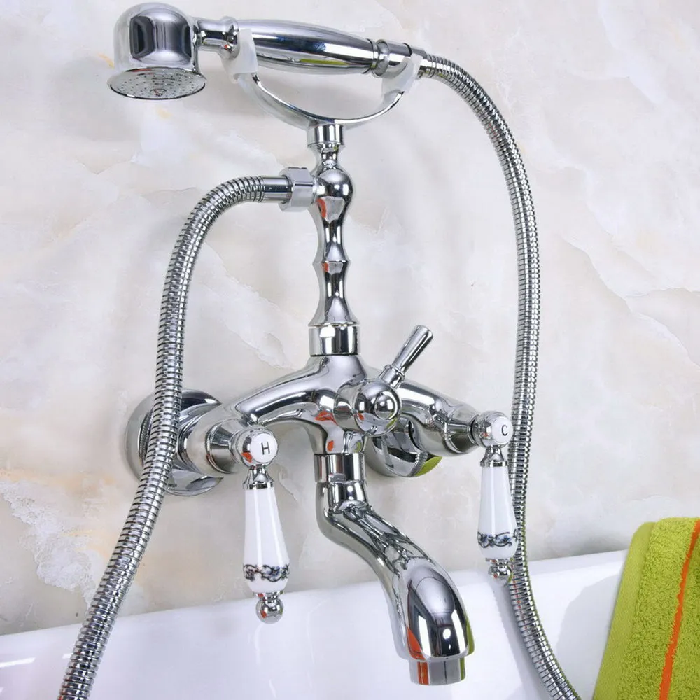 Chrome Finish Wall Mount Bathtub Bathroom Faucet Telephone Style Mixer Faucet Tap with Dual Handle Handshower