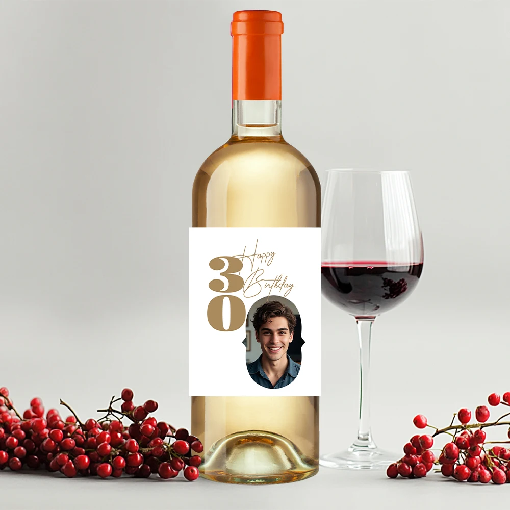 6pcs Custom 30 40 50 60 70 Years Old Birthday Party Face Photo Paper Wine Bottle Stickers Labels Adult Birthday Party Decoration view 5