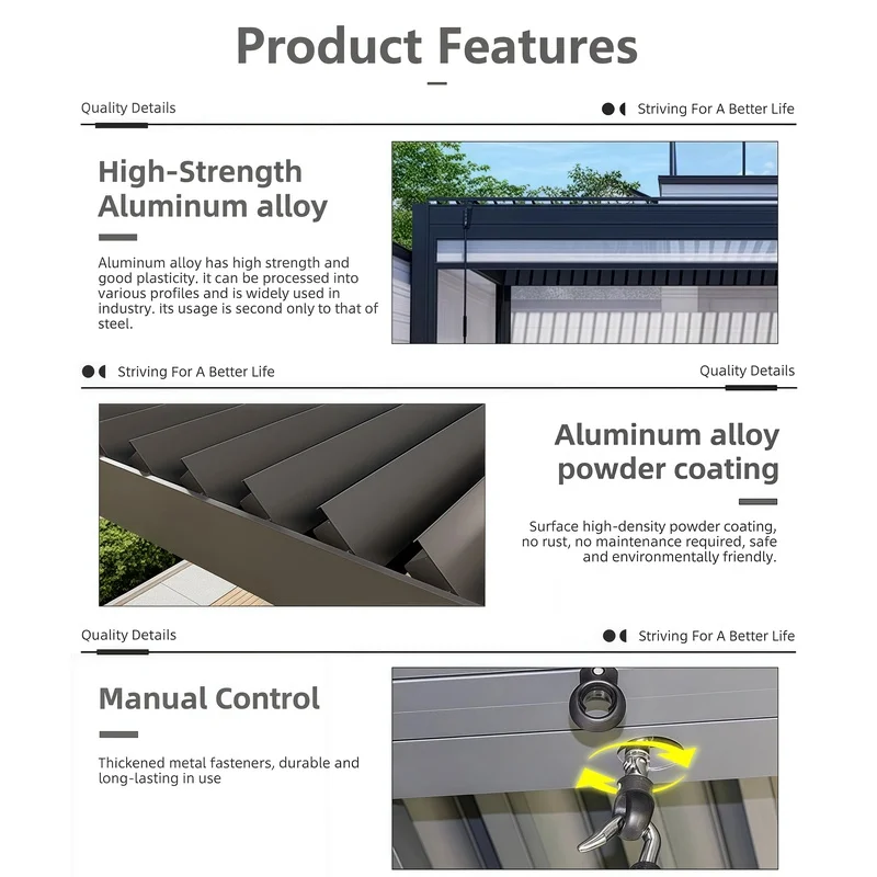 Manual Aluminum Pergola with Hand Crank Heavy-Duty-Resistant Waterproof Balcony & Patio Outdoor Gazebo