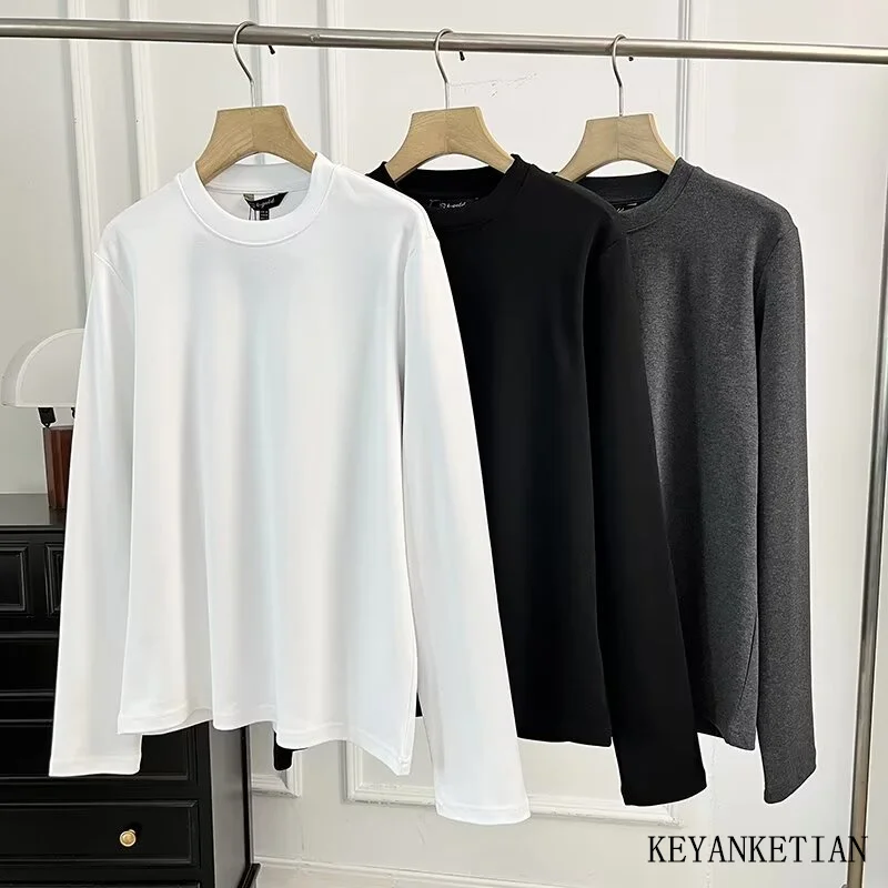 

KEYANKETIAN 2024 New Launch Women's Cotton T-shirt Spring Long Sleeve O-Neck Basic Tees Female Casual Pullover Solid color Top