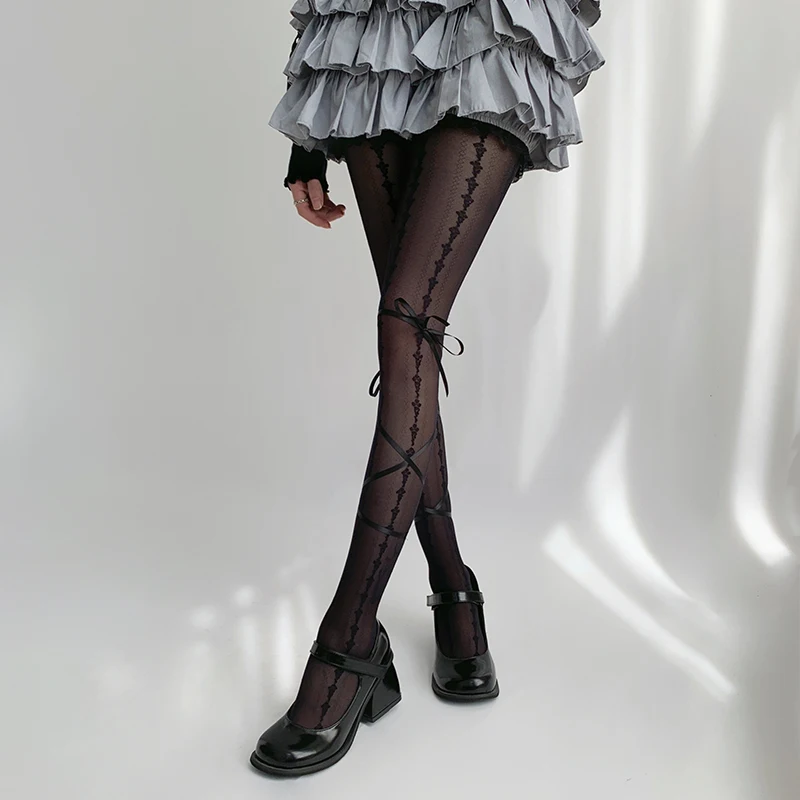 JK Lolita Tights Pantyhose Women Japanese Style Bandage Bowknot Thigh High Stockings Women Tights Sweet Girls Kawaii Cute Tights