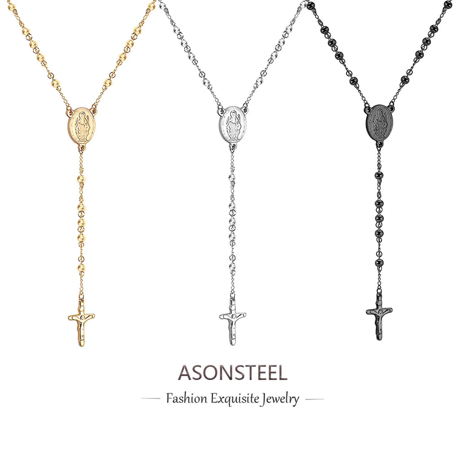 ASONSTEEL Long Scapular Catholic Rosaries Hombre Beads Christian Pendant Necklaces Stainless Steel for Women Men Jewelry Chokers