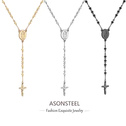 ASONSTEEL Long Scapular Catholic Rosaries Hombre Beads Christian Pendant Necklaces Stainless Steel for Women Men Jewelry Chokers