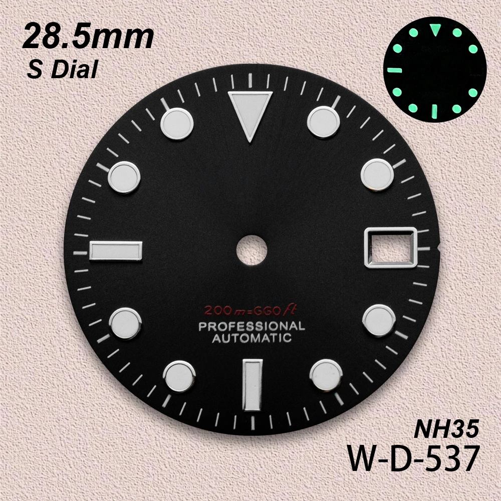28.5mm S Logo SUB Sunburst Dial Fit NH35/NH36/4R/7S Movement Green Luminous Diving High-Quality Watch Modification Accessories