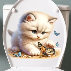 Cute Cat Catching Butterflies Toilet Stickers, Bright Wall for Home, Cabinet, Door,Refrigerator Decoration, Vinyl Car Decals