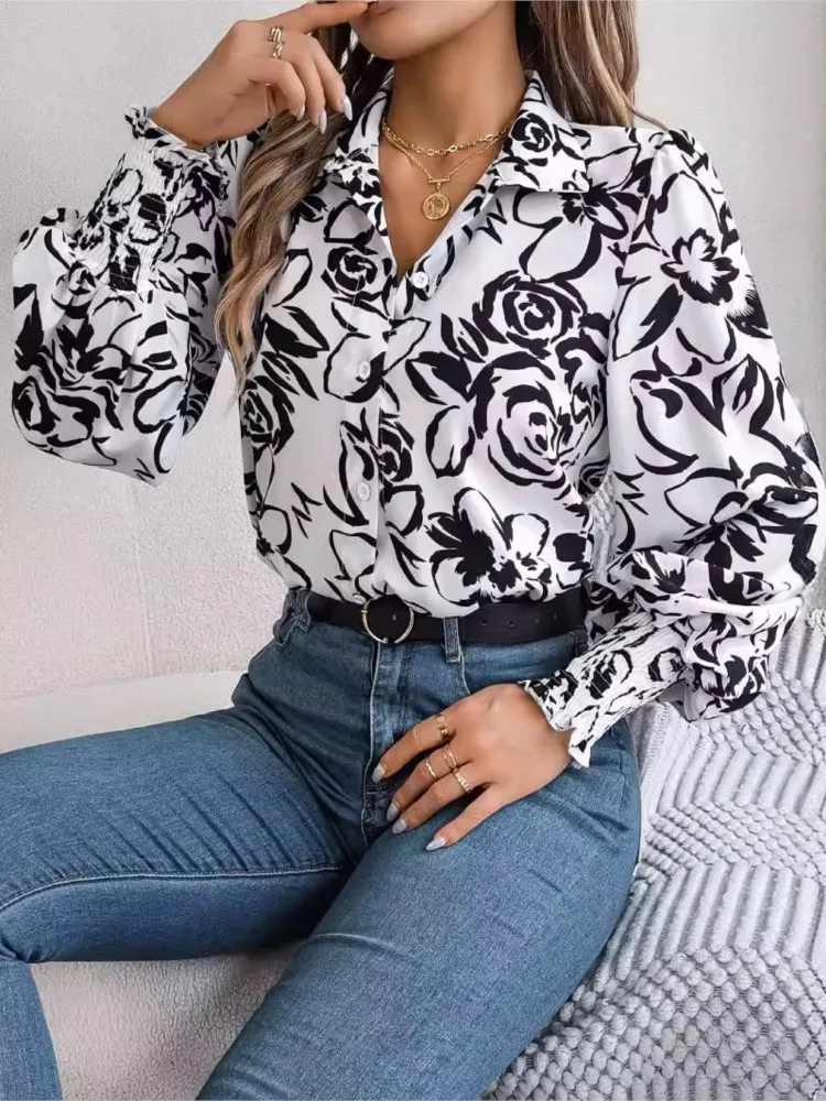 

New Shirts Women's Commuting Casual Loose Lantern Sleeve Floral Printing Single Breasted V-neck Blouse For Lady Clothing 2024