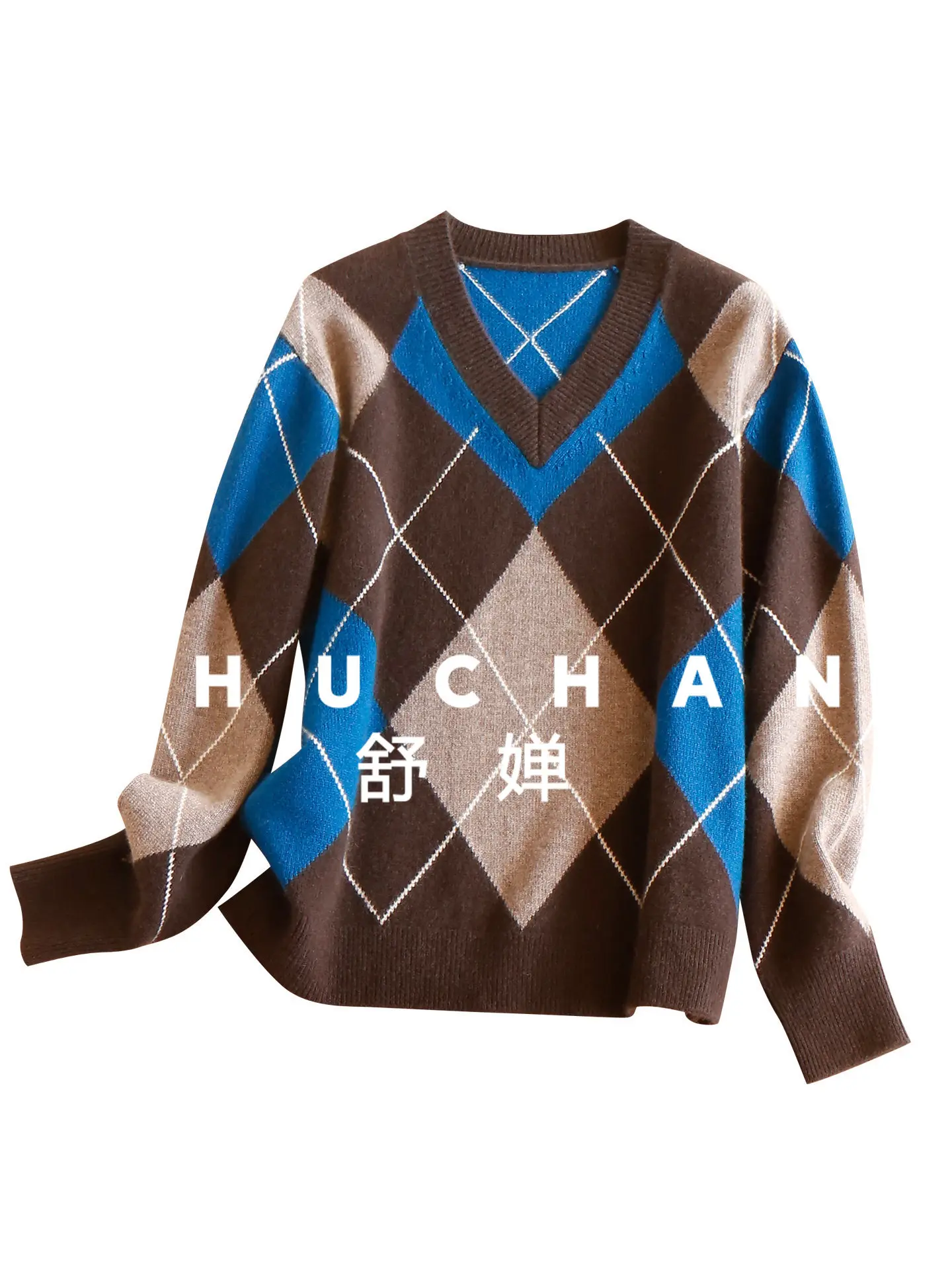 

Retro Literature and Art 100 Cashmere Contrasting Color Rhombus Jacquard V-neck Sweater Women Pullover 83F2