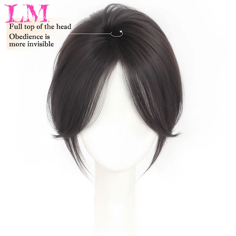 LM Real Human Hair Topper with Bangs for Women 3D Wispy Air Bangs Hair Hairpieces for Hair Loss Natural Looking