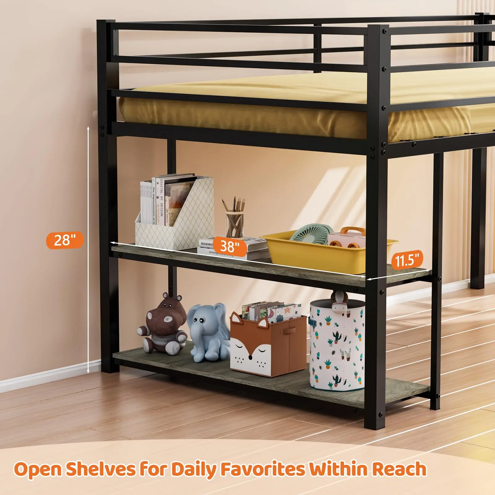 Low Loft Bed Twin Size with 3 Storage Drawers, 2 Tier Storage Shelves, 2 Tier Bookcase and LED Lights, Metal Kids Loft