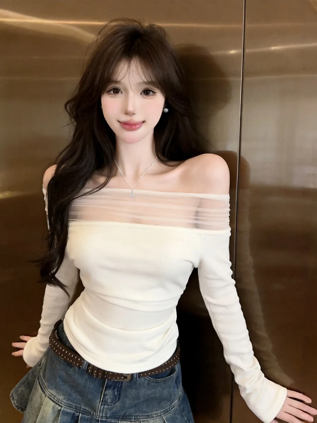 Early Autumn Long Sleeve T-Shirt Women's Casual Style Slimming Mesh Splice Shoulder Bared One-Shoulder Tee Casual Wear Polyes...