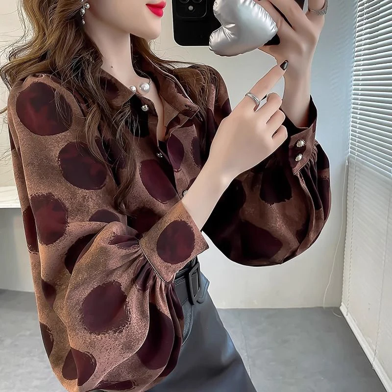 Spring Autumn Polo-neck Loose Casual Dot Printing Shirt Women Lantern Long Sleeve Elegant All-match Top Female Cardigan Blouse