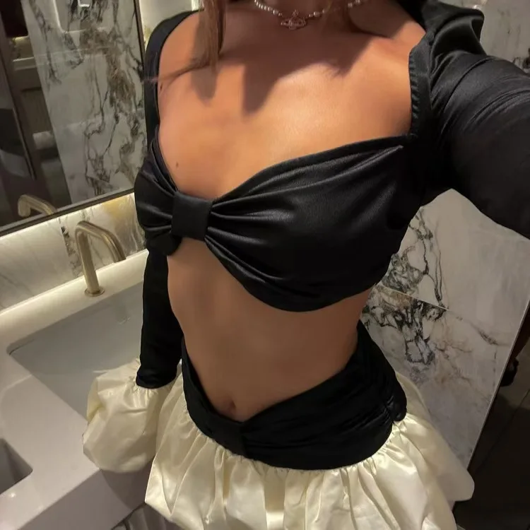 Sexy Crop Top Flared Sve High Waist Puffy Skirt Set Color Blo Faion Women's Autumn Long Sve Slim Fit Outfit