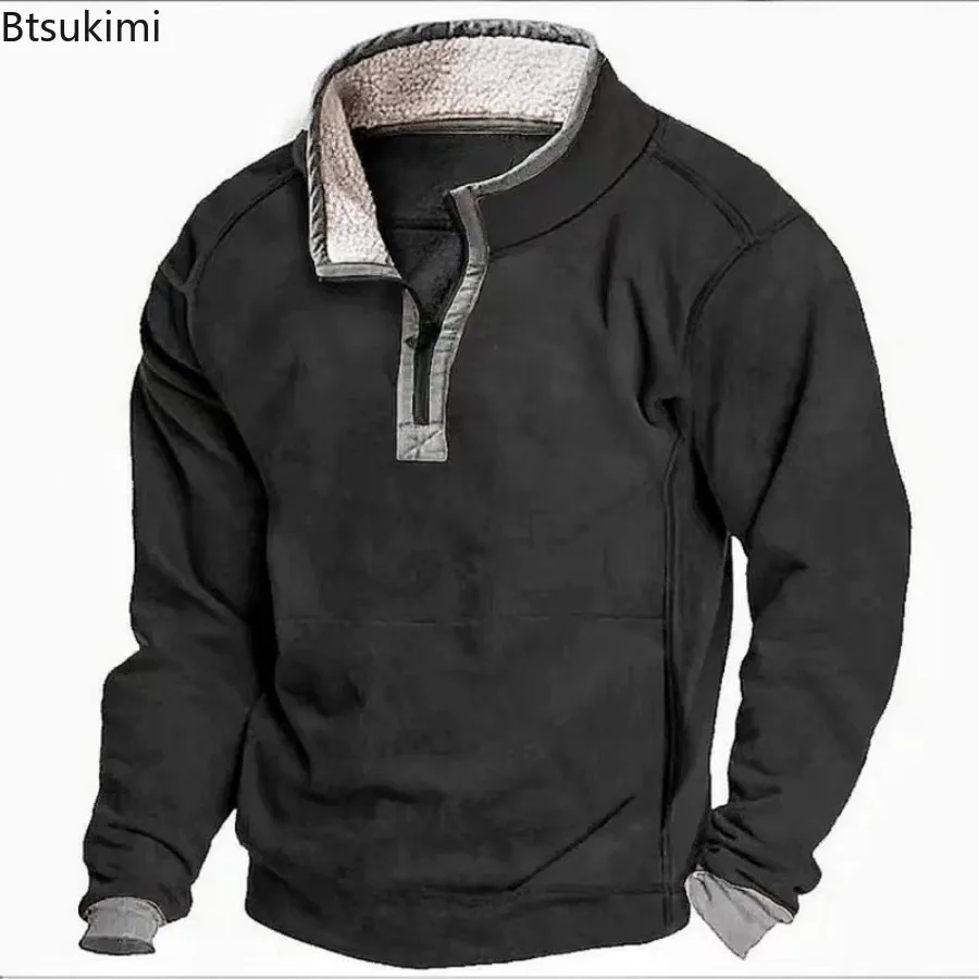 2025 Autumn Winter Men's Fashion Splice Suede Hoodies Stand Collar Windproof Warm Pullover Tops Male Vintage Casual Sweatshirts