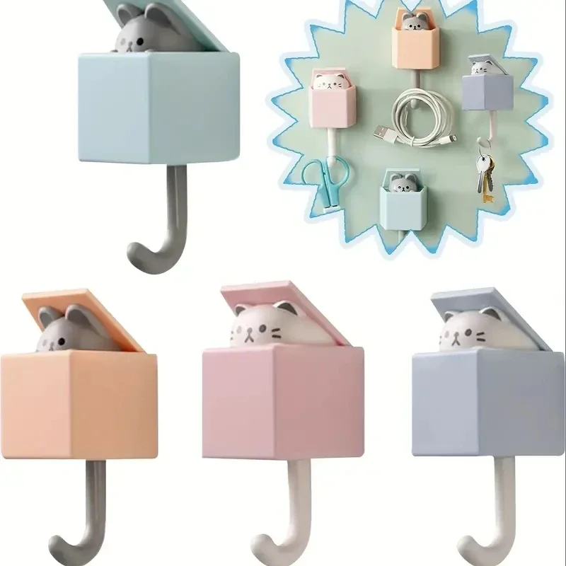 Cartoon Cute Cat Hooks Non-marking Strong Adhesive Hooks No-hole Hanging Clothes Hook Behind The Door Wall Hooks Key Hanger