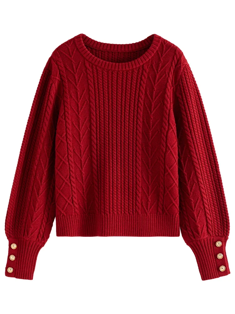 DUSHU Gentle Wind Sweet Simple Cable Texture Sweater for Women Winter Chic Round Neck 13.2% Wool Sweater Pullover Female