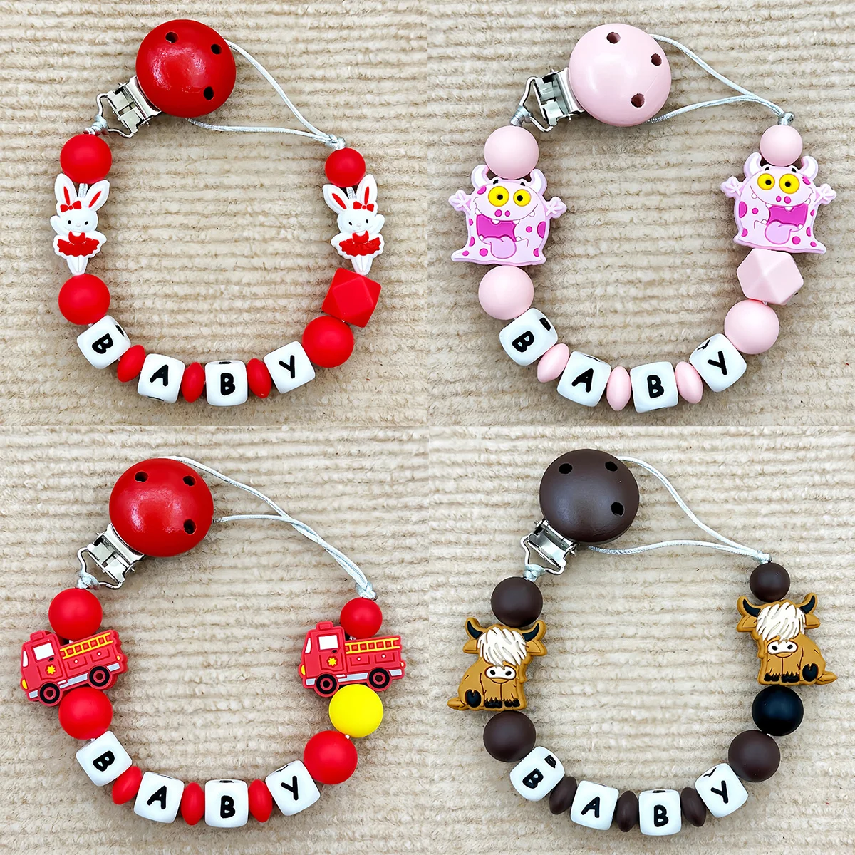 Customized Baby English Name Pacifier Clip Cute Cartoon Silicone Beads Soother Holder Chain Pacifiers Creative Gift
