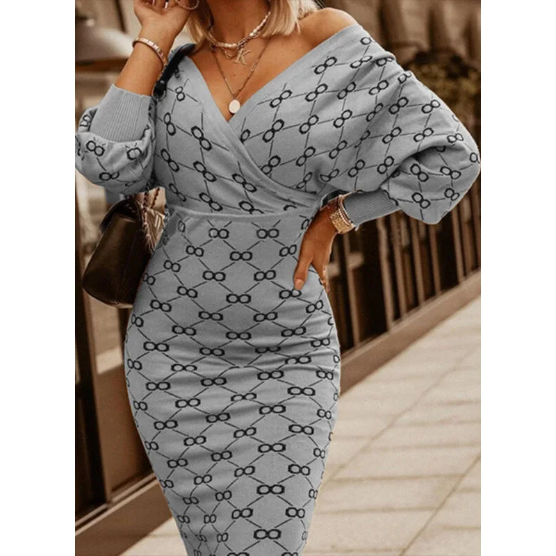 

2026 Spring/Summer New Arrival Women's Fashion Long-Sleeved Plaid Pencil Dress with V-Neck and Hip-Hugging Fit