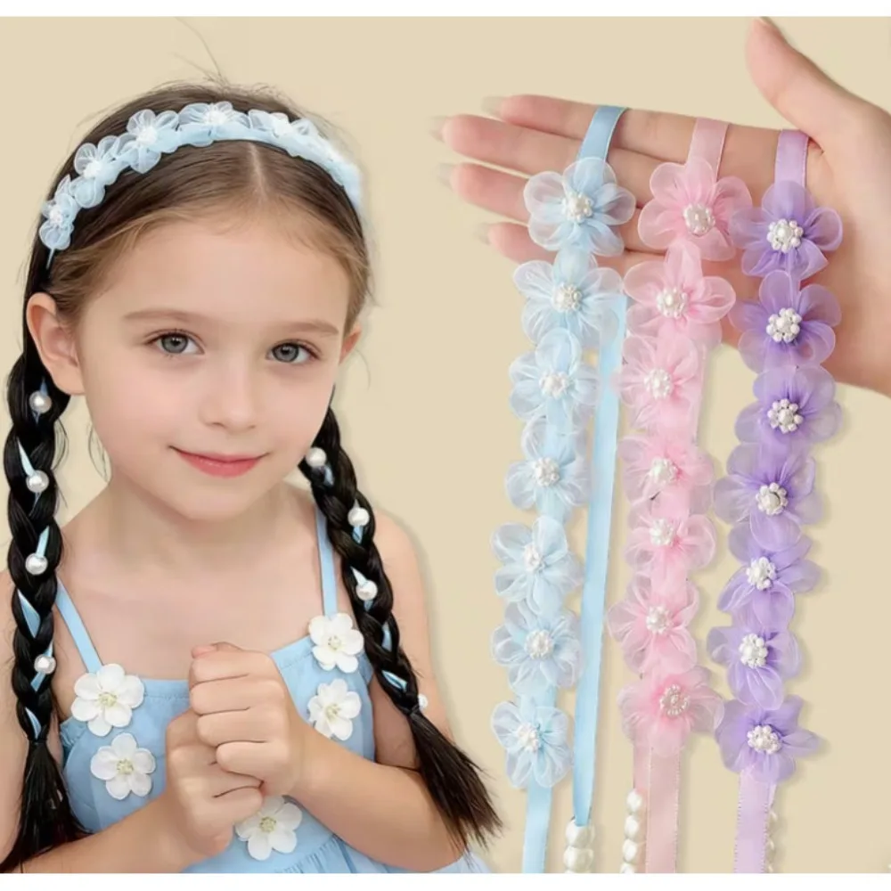 JOLLYPASS 1Pc Pastel Floral Pearl Hair Hoop with Long Tail Ribbon for Toddler Girls Birthday Wedding Photo Prop