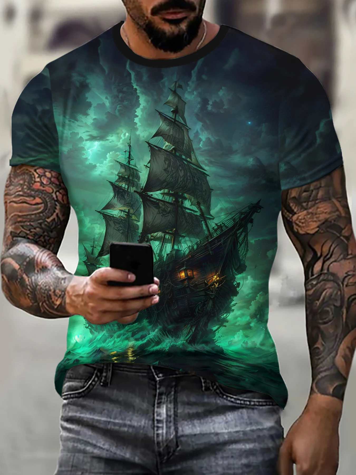 Men's Summer 3D Vintage Pirate Ship T-Shirt, Short Sleeve Crew Neck Graphic Tee, Casual Fashion Top for Daily Wear