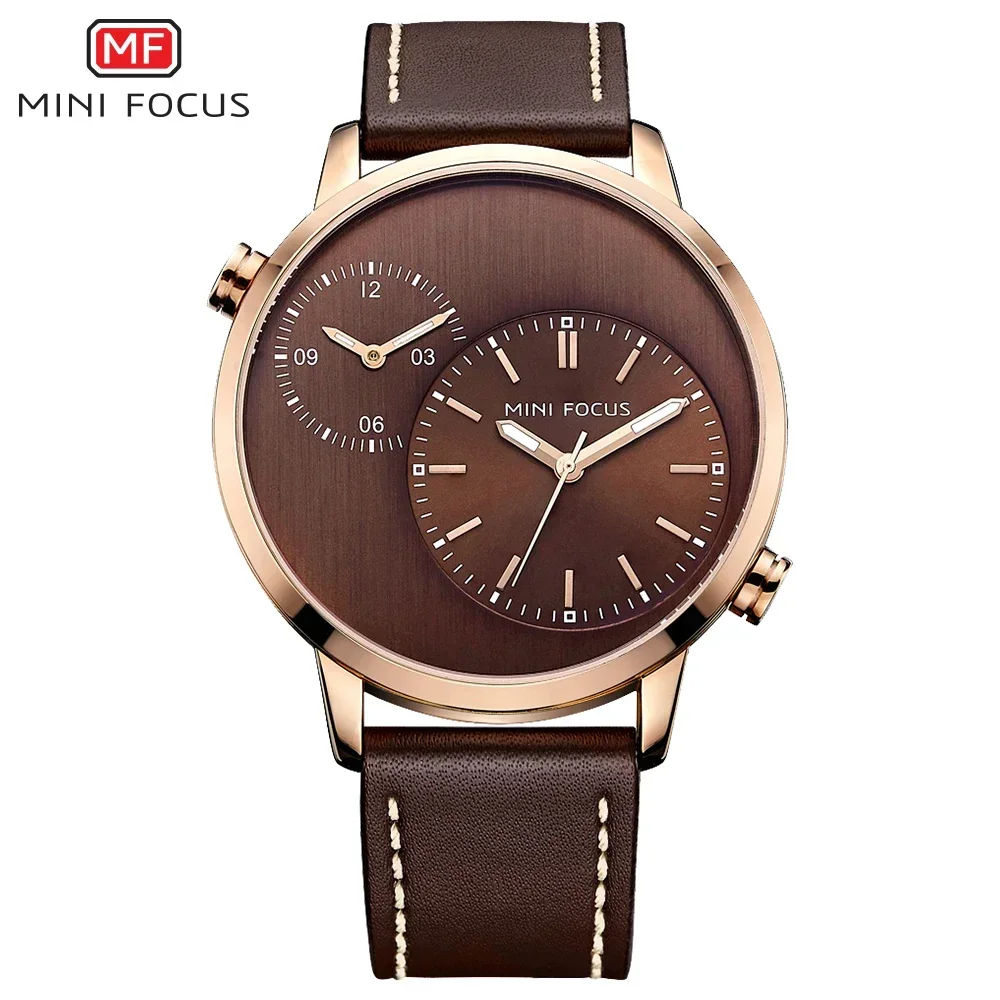 

MINI FOCUS Luxury Genuine Leather Busines 2 Time Zone Quartz-Watch Men Wristwatch Men Watches Fashion Casual Man Watch 0035G