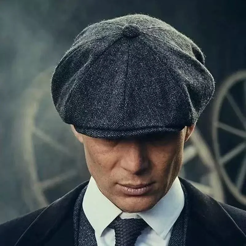Men's retro beret casual striped herringbone street octagonal hat,