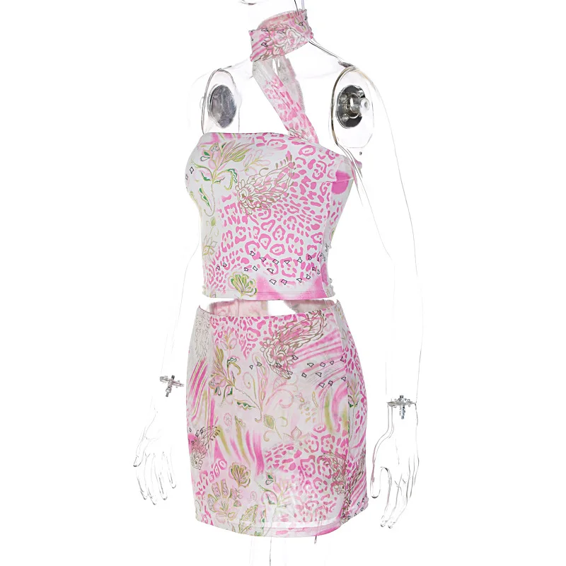 SKMY Conjunto estampado sexy rosa, camiseta curta halter e saia bodycon fashion, roupa feminina de duas peças para festa de outono 2025
