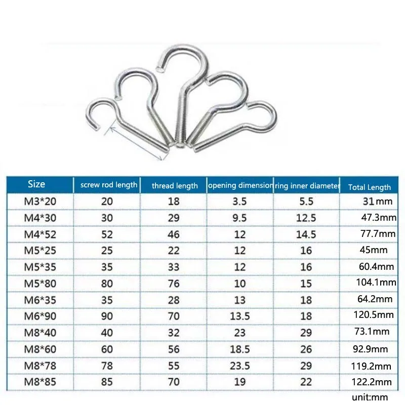 Carbon Steel Open-Type Eye Screw Swivel Eye Screw Extended Hook-Shaped Lifting Hook with Ring Screw Rod Bolt M4 M5 M6 M8