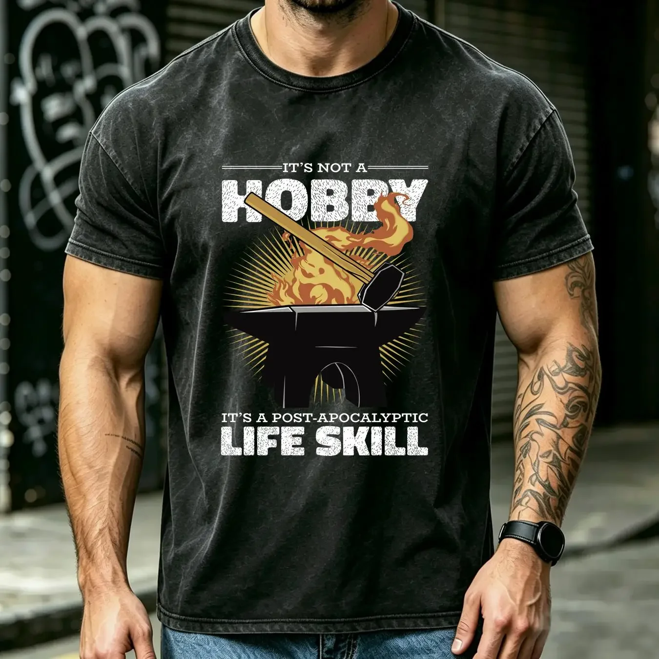 washed T Shirt Blacksmith Life Post Apocalyptic Skill Mens 100 Cotton vintage Washed homme Stretched Slightly Versatile Soft