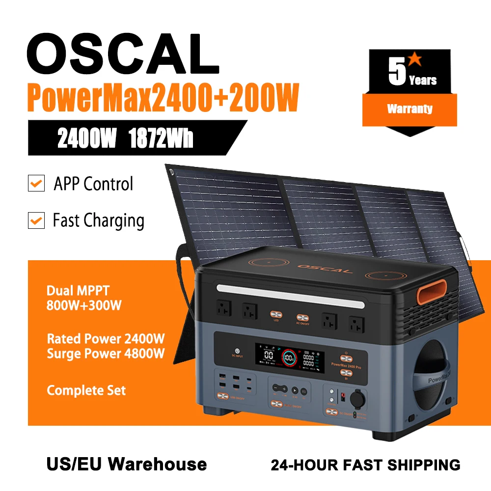 

Портативная электростанция OSCAL 1872WH 2400 Вт (пиковая 4800 Вт) LiFePO4 с солнечной панелью мощностью 200 Вт, подключение Bluetooth для домашнего резервного копирования