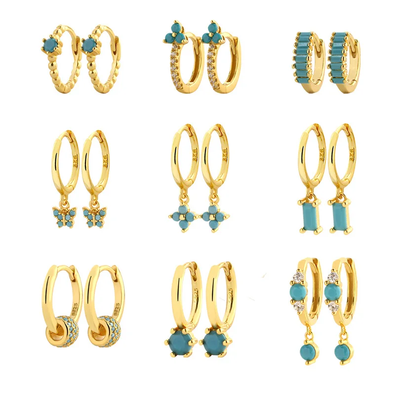 

Real 925 Sterling Silver 14K Gold Blue Turquoise Pendant Hoop Earrings For Women Party Classic Fine Jewelry Advanced Accessories