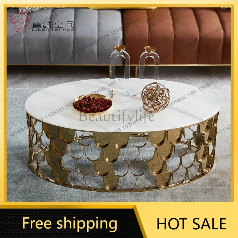 LS light luxury oval marble coffee table creative stainless steel fish scale sofa Nordic living room