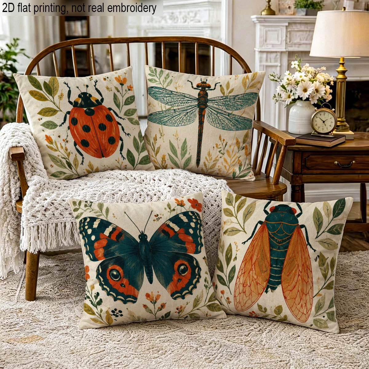 4pc Vintage Botanical Insect Throw Pillow Covers Retro Nature Dragonfly Butterfly Decorative Pillow Cases for Home Sofa Couch
