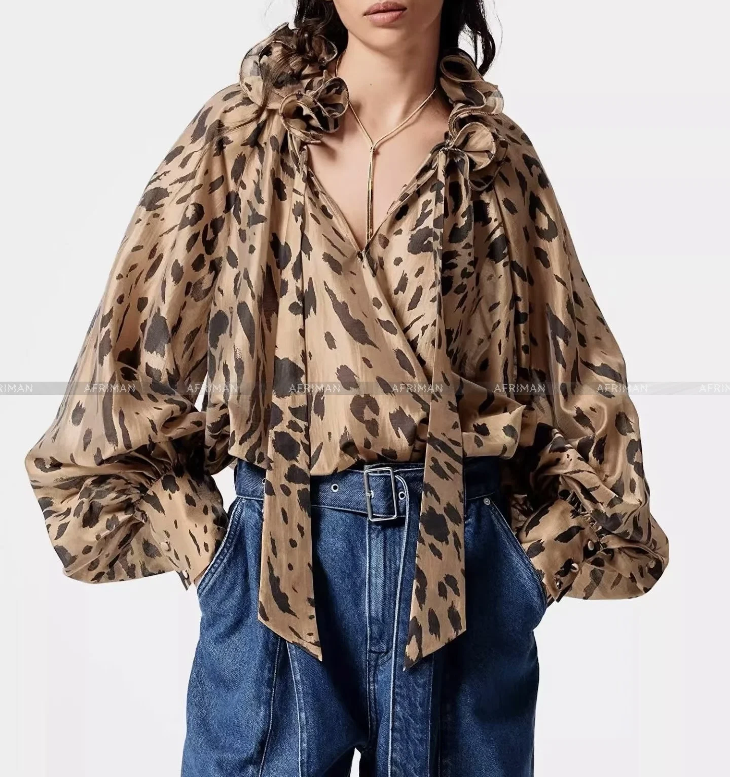 Women 3D Flower Decoration Collar Lantern Long Sleeve Leopard Print Loose Silk Blouse Top+ Elastic Waist Shorts Set