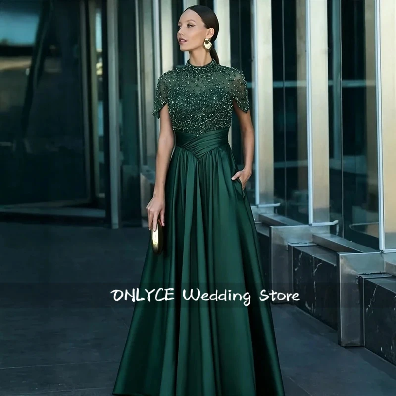 Customized High Neck Dark Green Prom Evening Dress Beaded Mesh Bodice Satin A - Line Maxi Skirt with Pockets Formal Party Gown