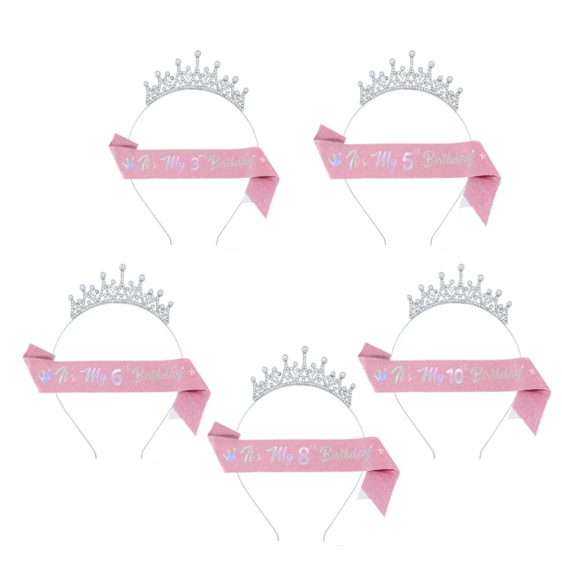 

340D Elegant Princess Birthday Headband And Adjustable Sash Set For 3 5 6 8 10 Year Old Girls