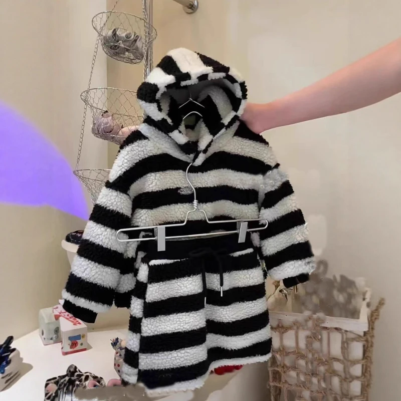 

Winter 2025 New Children's Striped Hooded Fuzzy Pullover Home Hoodie and Thick Half Skirt Two-piece Set