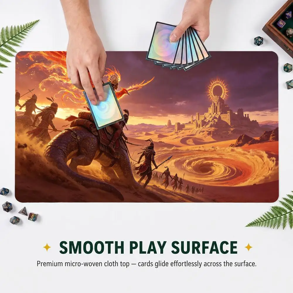 60X35CM Desert Phoenix Ancient Egyptian Temple Sandstorm Play mat Non-Slip Rubber Base Stitched Edge Table Mat for Card Game