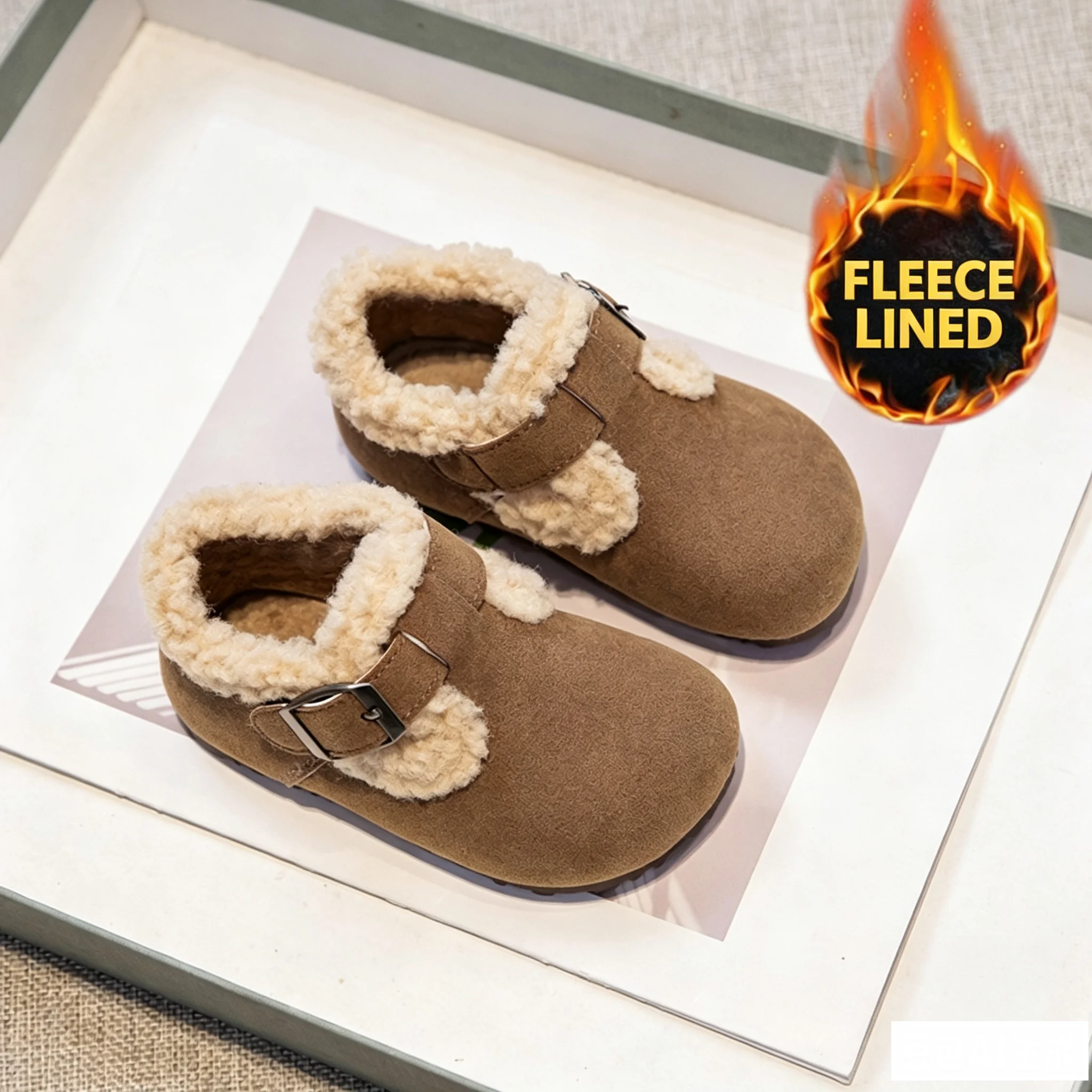 Toddler Kids Winter Warm Shoes, Fleece Lined, Plush Collar, Buckle Strap, Non Slip Soft Sole for Daily Casual Wear(