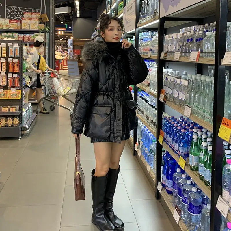 Female Winter Autumn Tops Coat Cotton-padded Clothes Fur Collar Glossy Hooded Thicken Warm Retro Simple Minority Versatile Thin