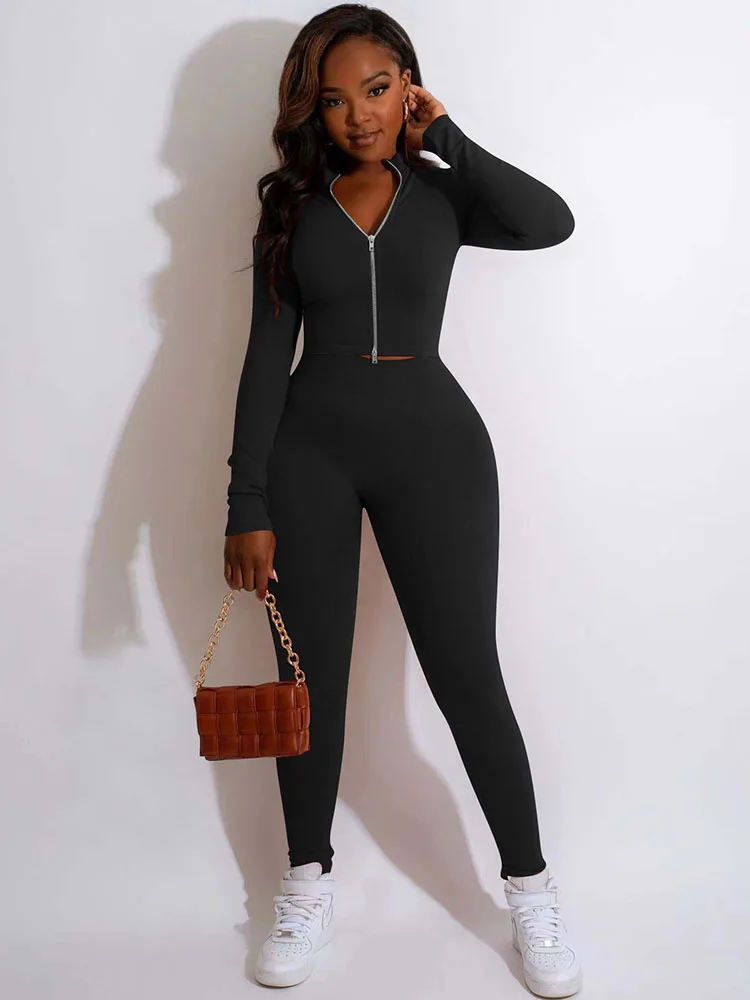 

Solid Casual Tracksuits Two Piece Set Women Fall Outfits Double Zipper Jacket Tops + Pants Joggers 2 Piece Outfits Chandal Mujer