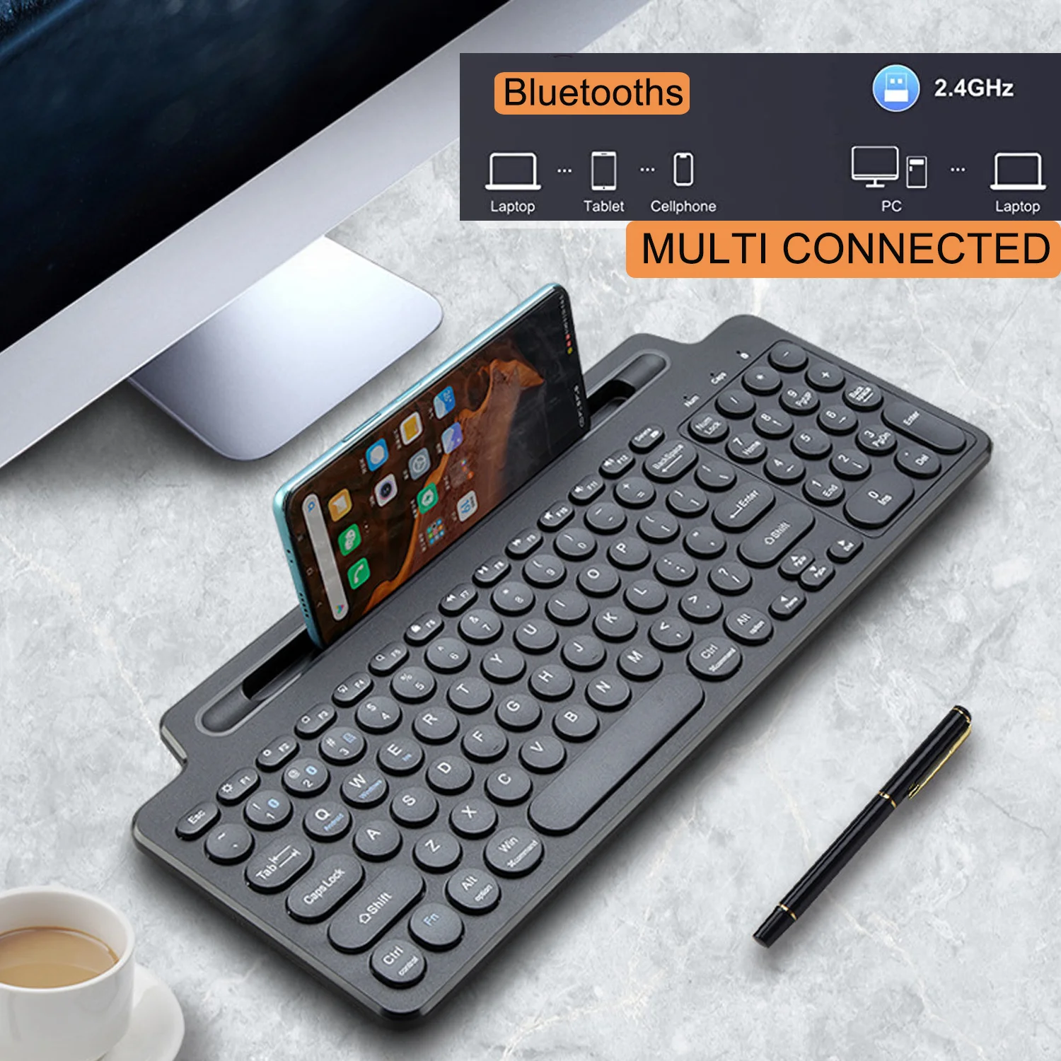 Wireless Touchpad Bluetooths Keyboard With Built-In Holder And Easy Media Control For Office Tablet / Phone / Computer / Laptop