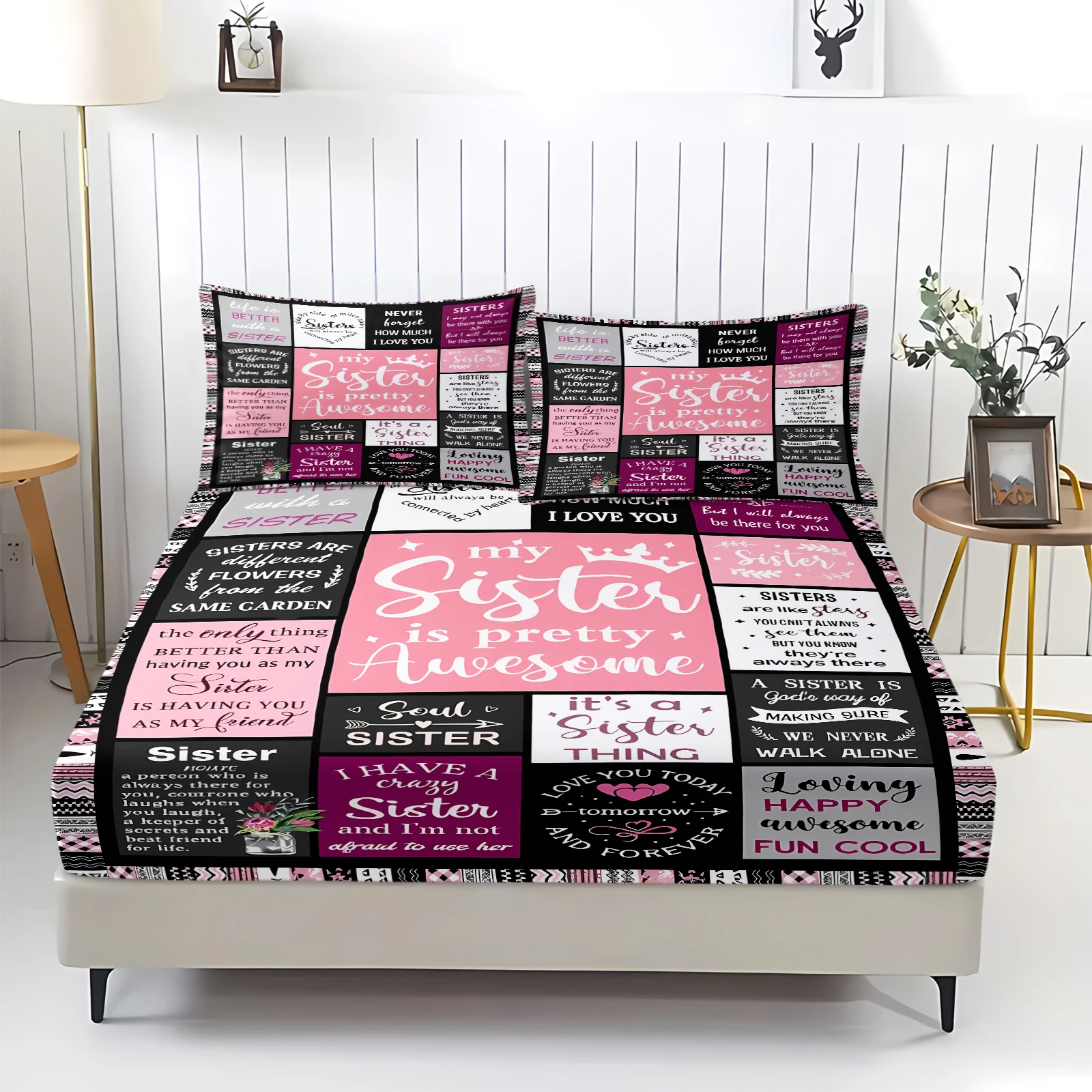 Pink Black Sister Letter Print Fitted Sheet Set Soul Sister Quotation Bedding Mattress Protector Bed Sheet with Pillow Cases
