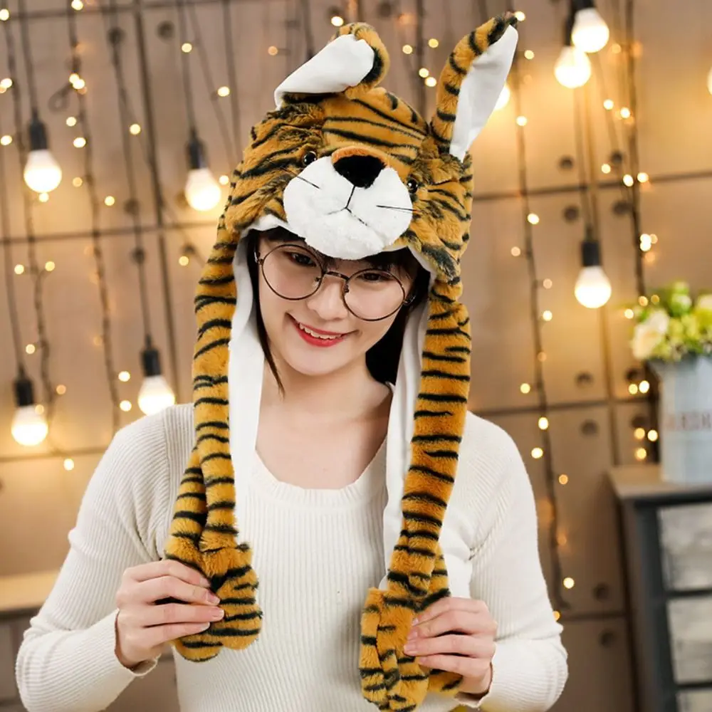 Kawaii Panda Tiger Monkey Jumping Up Cap Animal Shape Plush Ear Moving Hat Frog Pig Elephant Soft Plush Hat Toys Funny Toys