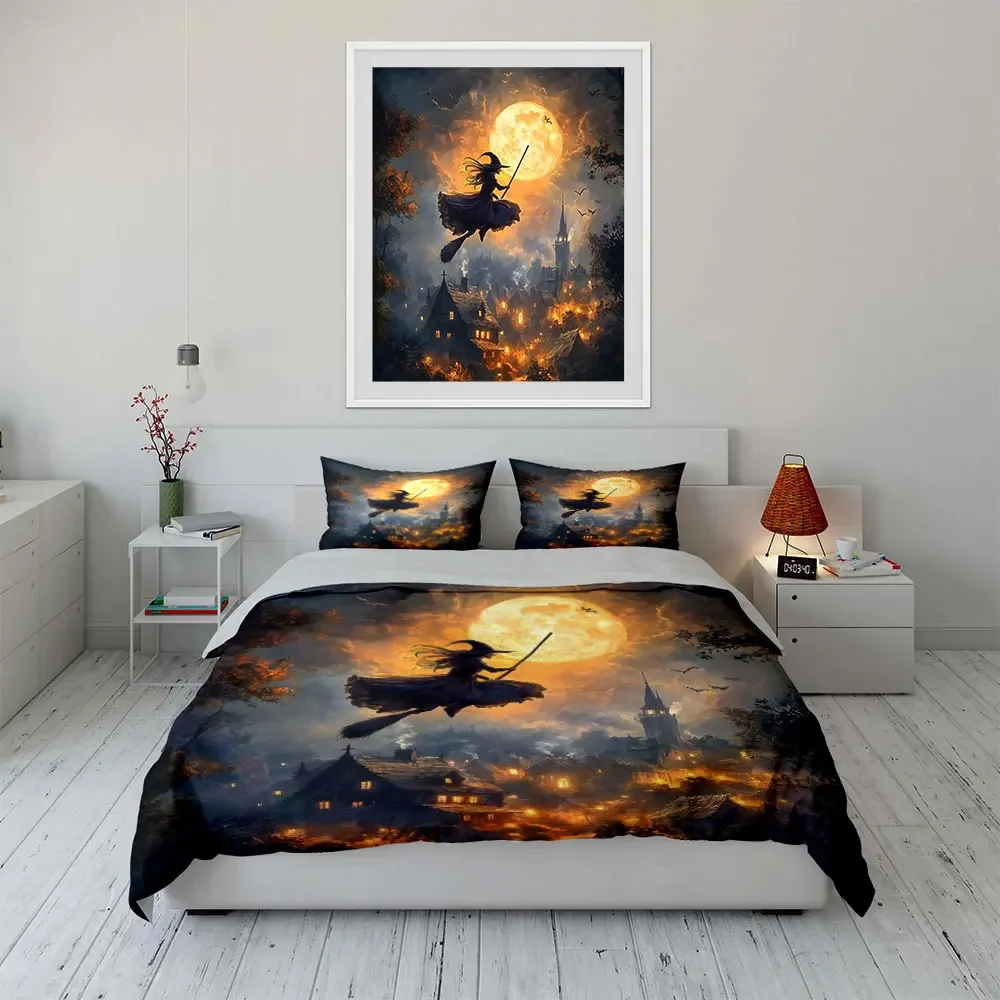

"Halloween Witch Moonlight Decor" Multiple sizes kid's and adults' bedroom Exquisite 3PC bedding set, gift