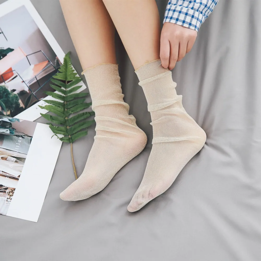 Summer Gift Transparent Fashion Simple Elastic Women Thin Socks Shiny Glitter Silk Hosiery Korean Style Socks