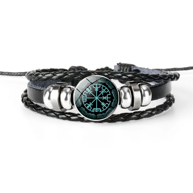 Nordic Classic Vintage Viking Pirate Bracelet Compass Helmet of Awe Glass Charm Pulseras Punk Multilayer Leather Men's Best Gift