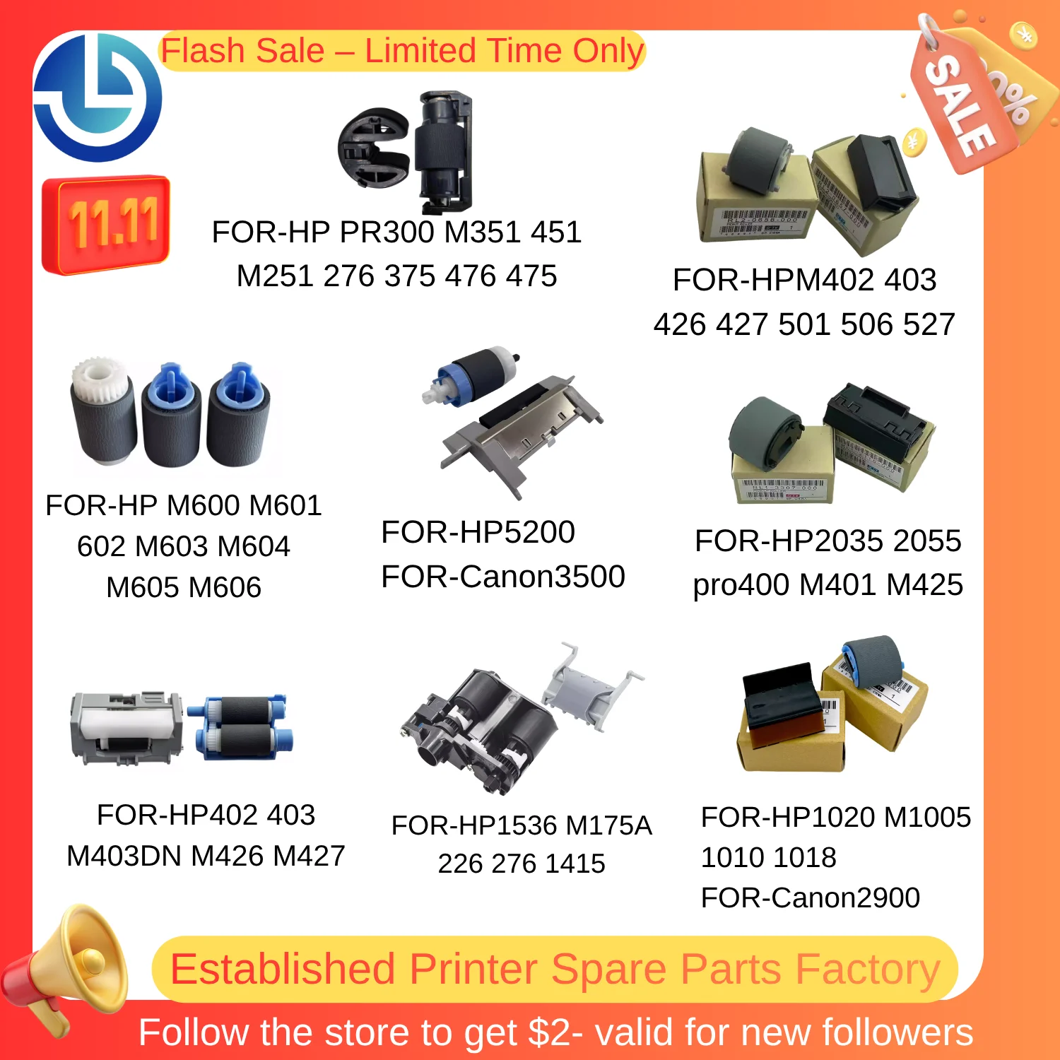 

Includes Pickup Roller + Separation Pad FORHP & FORCanon Universal Printer Spare Parts Kit ForM600 M403DN 1020 5200 PR300 3500