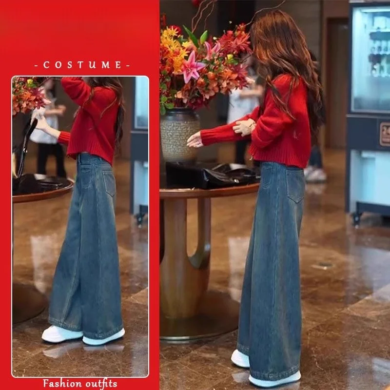 

Spring 2025 New Red Knitted Top High Waist Wide Leg Denim Pants Two Piece Set Women's Vintage Beautiful Ageless Polyester Blend