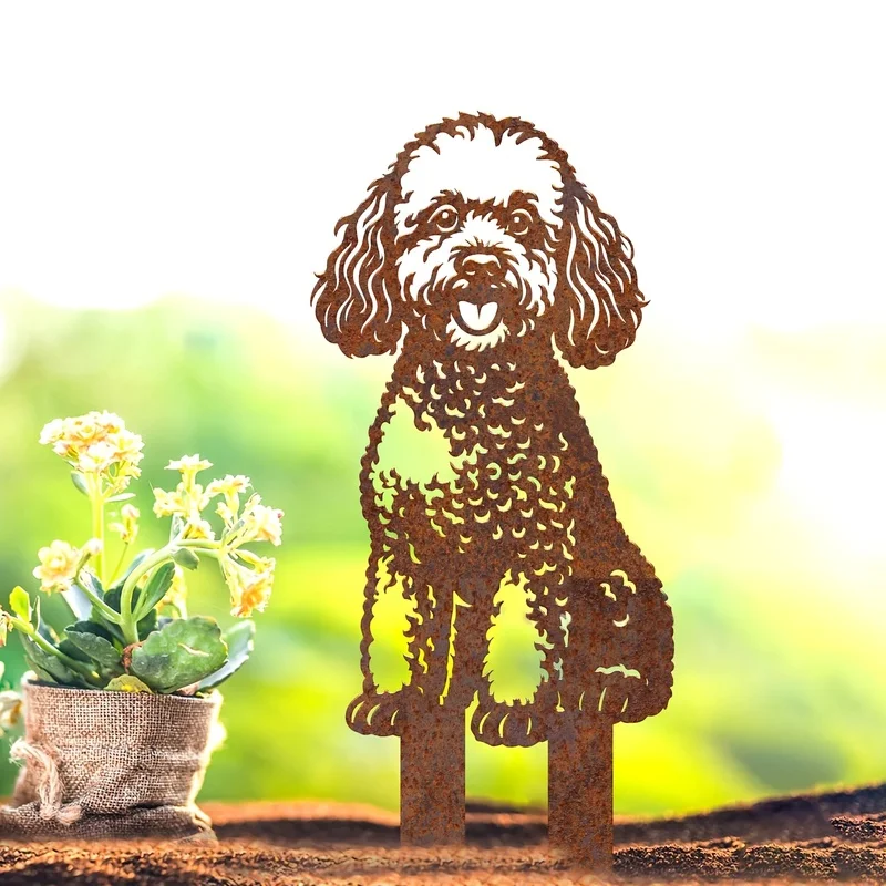 【2D Flat】 [2D Flat] A Rusty Metal Garden Sign Featuring a Poodle, Perfect for Country-Style Yards