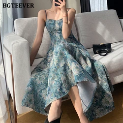 BGTEEVER Elegant Spaghetti Strap Slim Waist Floral A-line Dress Women Stylish Sleeveless Midi Dress Female Summer Vestidos Femme